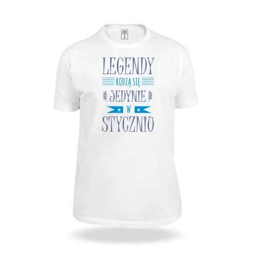 Biała koszulka z napisem Legendy rodzą się tylko w styczniu