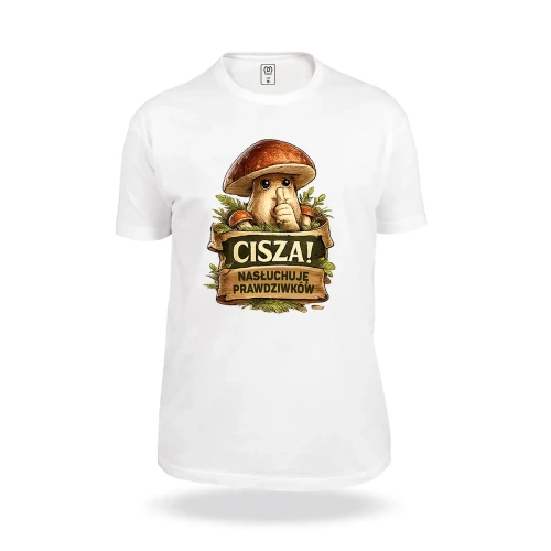 biala-koszulka-z-nadrukiem-cisza-nasluchuje-prawdziwkow